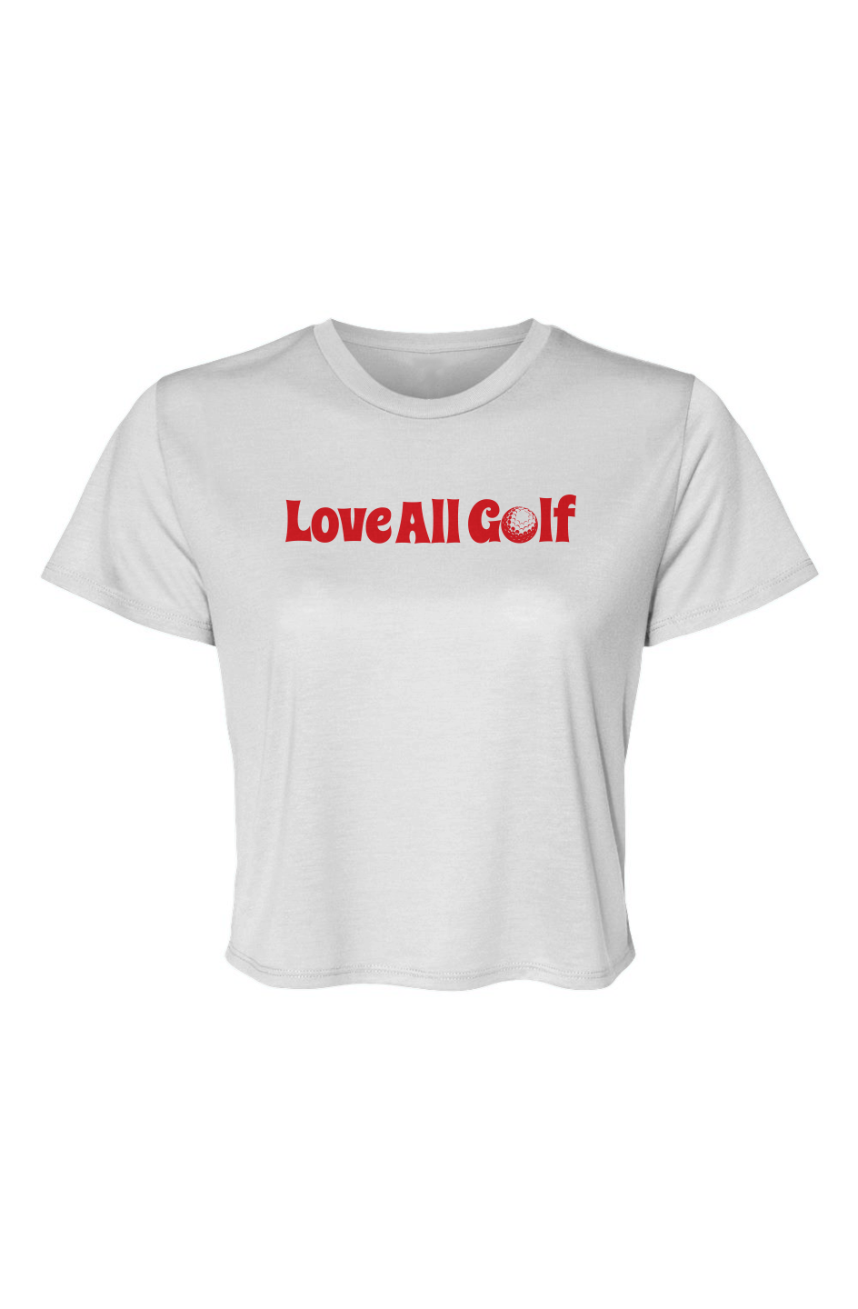 White t-shirt with "Love All Golf" in red on the front shown on a white background