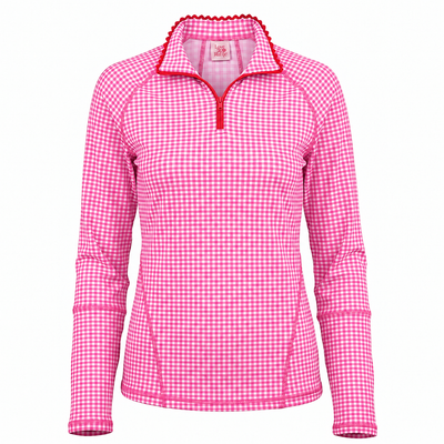 A pink and white gingham long-sleeve quarter-zip pullover with red trim on the collar and zipper, displayed on a clean white background.