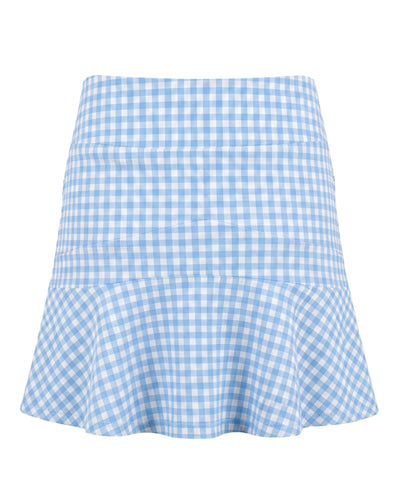 A light blue and white gingham mini skirt with a flared ruffle hem, shown against a plain white background.