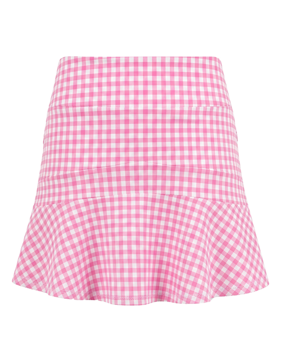 A pink and white gingham tiered mini skirt with a flared ruffle hem, shown against a plain white background.