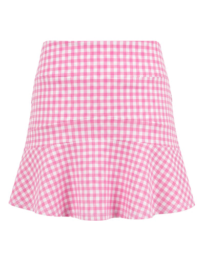 A pink and white gingham tiered mini skirt with a flared ruffle hem, shown against a plain white background.
