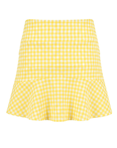 A yellow and white gingham mini skirt with a flared ruffle hem, shown against a plain white background.
