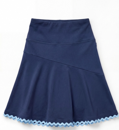 Navy athletic skirt with light blue scalloped hem on a flat white background