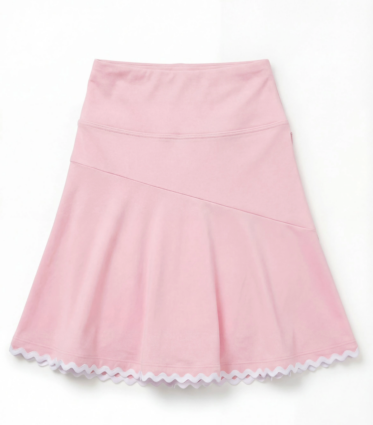 Light pink athletic skirt with white scalloped hem on a flat white background