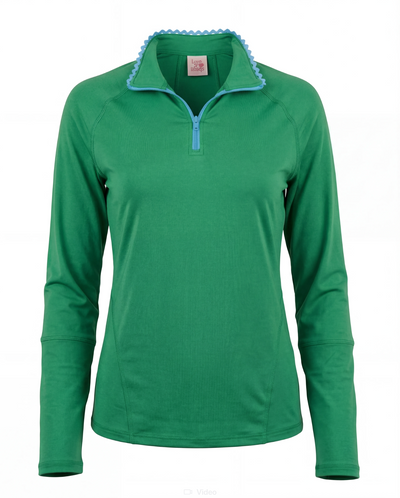 Green long-sleeve shirt with blue collar on a white background