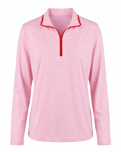 A light pink long-sleeve quarter-zip pullover with a red zipper and red zigzag trim along the collar, shown on a plain white background.