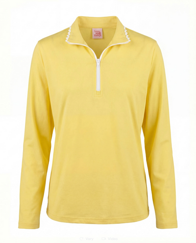 White long sleeve quarter zip top with white trim and zipper shown against a flat white background