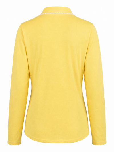 A yellow long-sleeve knit top shown from the back, featuring a simple crew neck with a thin white contrast stitch detail.