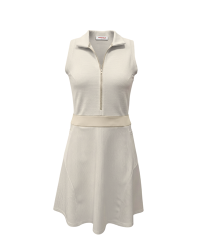 White sleeveless dress with a belt on a white background
