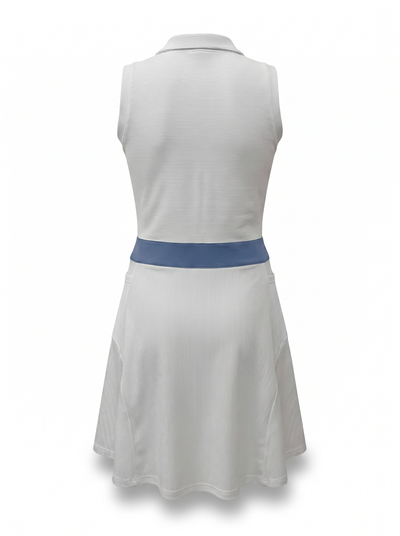 A sleeveless white polo-style dress with a flared skirt, shown from the back. It features a contrasting blue waistband and a small white collar at the top, photographed against a plain white background.