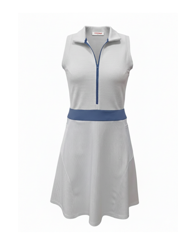 White sleeveless dress with blue accent on a white background