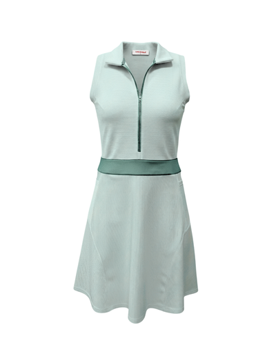 Light blue sleeveless dress with a zipper on a white background