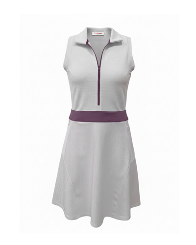 Gray dress with purple accents on a white background