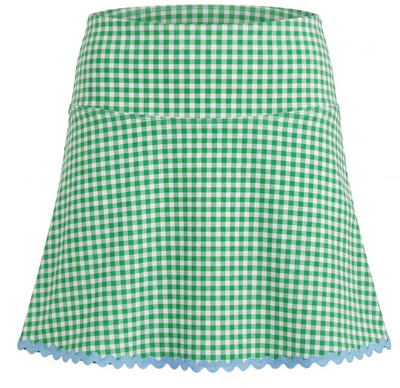 Green and white gingham skirt with light blue trim on flat white background