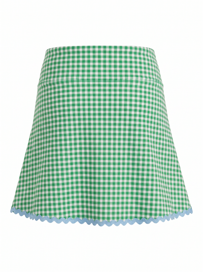 Green and white gingham check flared skirt with a light blue scalloped hem, shown against a plain white background.