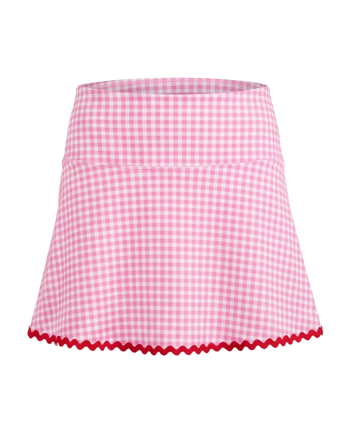 Pink and white gingham skirt with red trim on flat white background