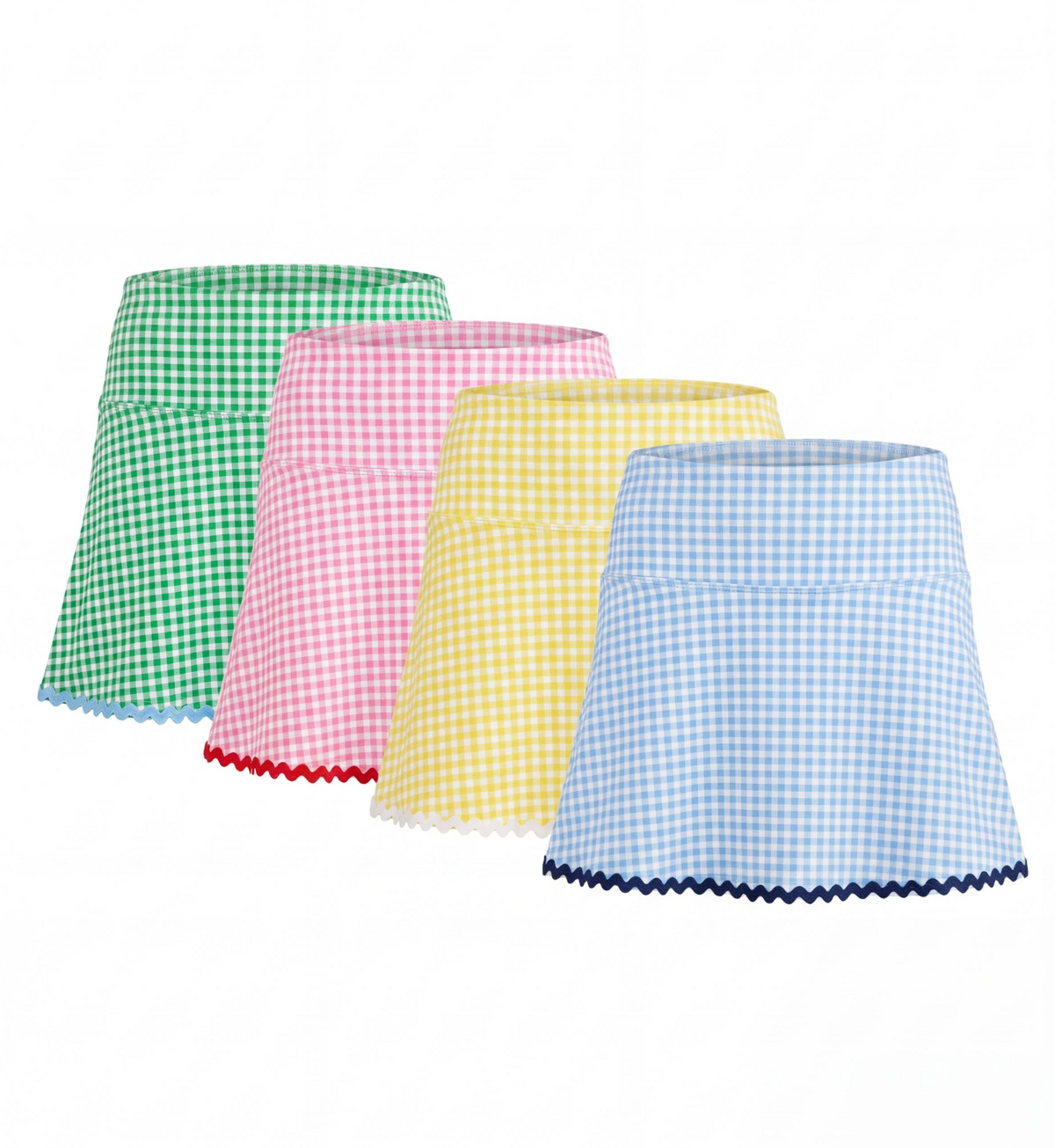 Four gingham skirts in green, pink, yellow, and blue on a white background
