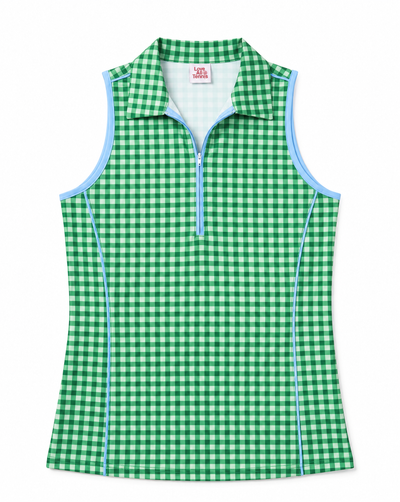 A sleeveless women's polo-style top with a green and white gingham check pattern, a light blue trim along the collar and armholes, and a light blue zipper at the neckline, shown on a plain white background.