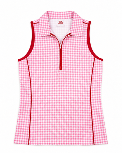 A sleeveless women's top with a pink and white gingham check pattern, a red trim collar, red trim along the zipper, and red piping details on a white background.