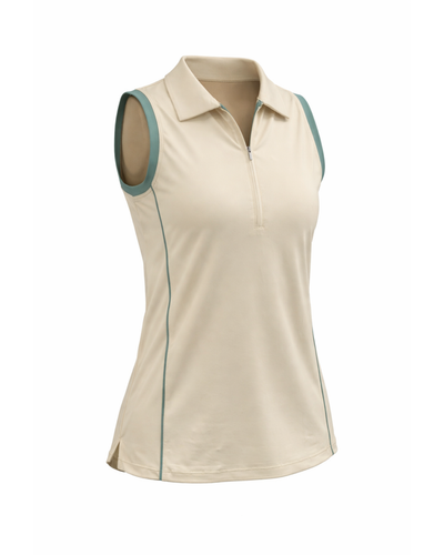 Beige sleeveless polo shirt with green accents on a white background