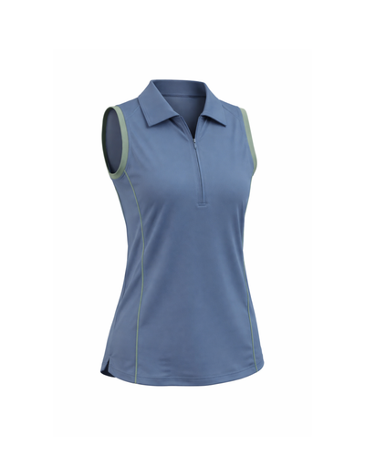 Blue sleeveless polo shirt on a white background