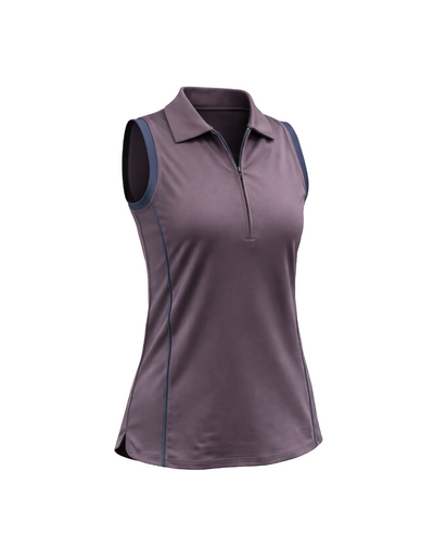 Mauve and navy sleeveless women's athletic polo on flat white background