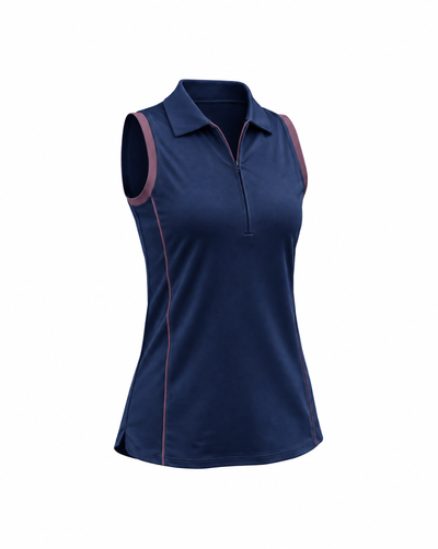 A sleeveless women's polo shirt in navy blue with contrasting dusty rose trim along the collar, sleeve edges, and side seams, shown on a plain white background.