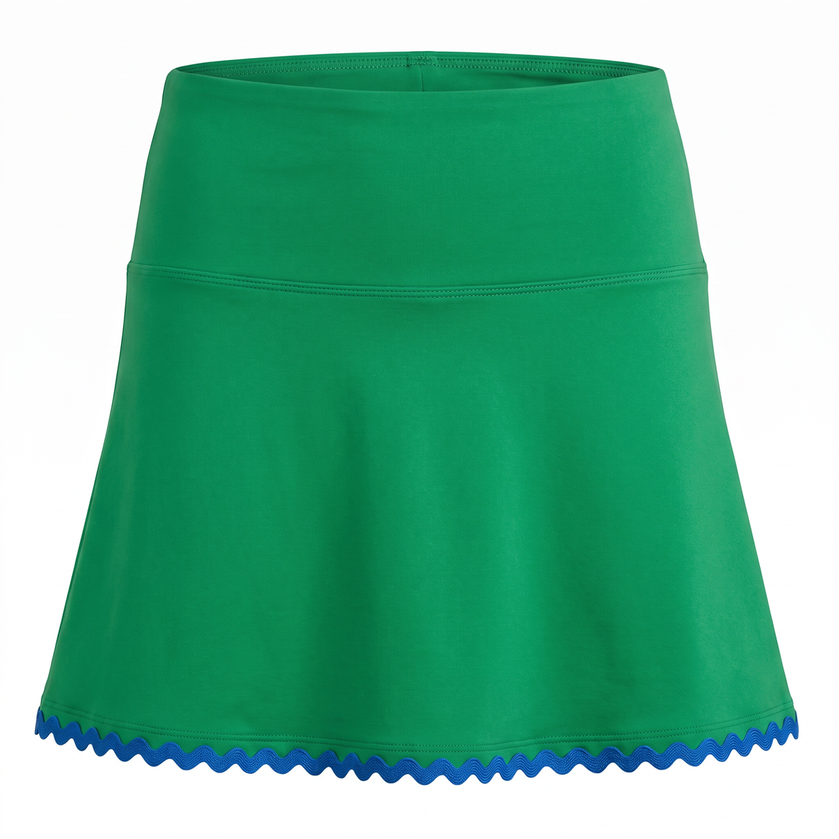 A bright green athletic skort with a blue scalloped trim along the hem, shown against a plain white background.