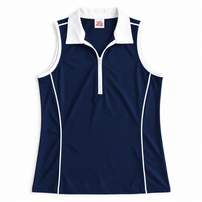 Navy and white golf polo laid flat on white background
