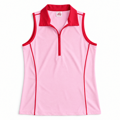 A sleeveless pink athletic polo with a red collar, red zipper, and red piping details, shown flat against a white background.