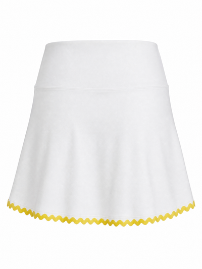 A white flared skirt with a yellow zigzag trim along the hem, shown against a plain white background.