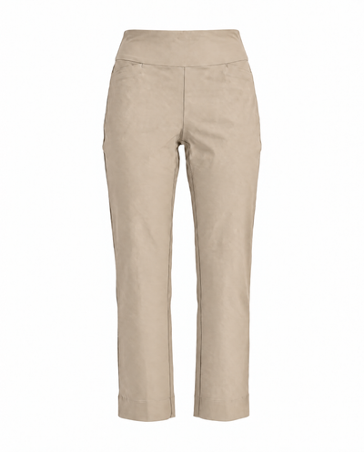A pair of straight-leg cropped pants in a light beige suede-like fabric, shown against a plain white background.