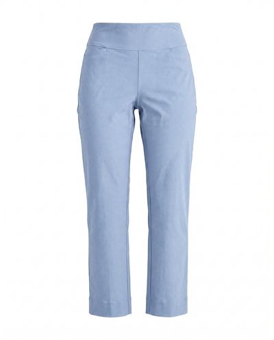 Light blue cropped trousers with a wide waistband, displayed on a clean white background.