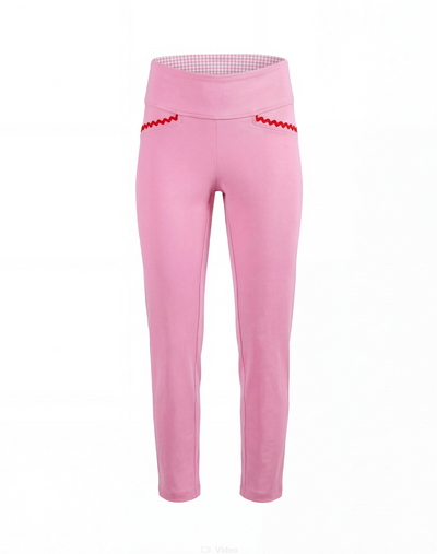 Pink pants with red accents on a white background
