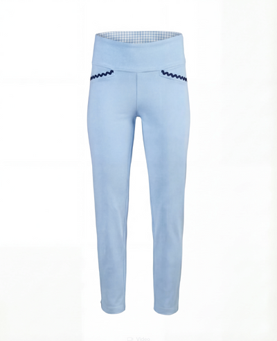 Light blue leggings with navy accents on a white background