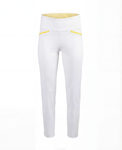 White pants with yellow detailing on flat white background