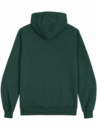 A dark forest green pullover hoodie shown from the back, featuring a simple stitched hood and long sleeves, isolated on a white background.