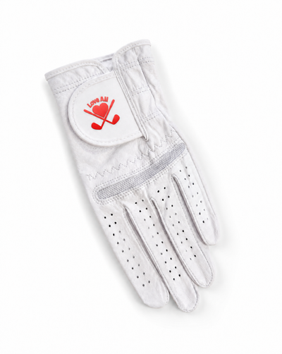 White golf glove with a red logo on a white background