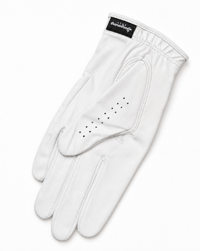 White golf glove with a brand label on a white background