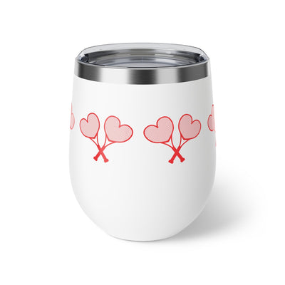 White travel cup with red crossed heart tennis rackets logo on the site shown on a flat white background