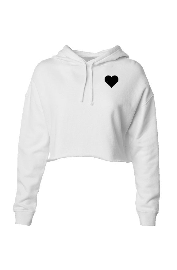 White cropped hoodie with a black heart design on a white background