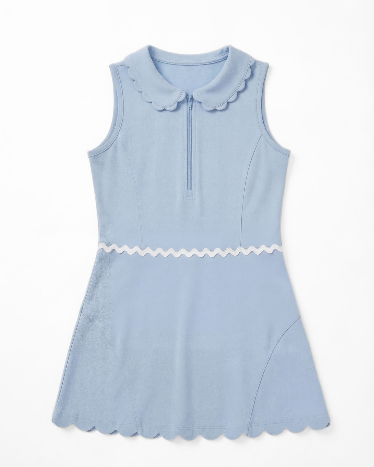 Light blue dress with scalloped collar and hem on a white background