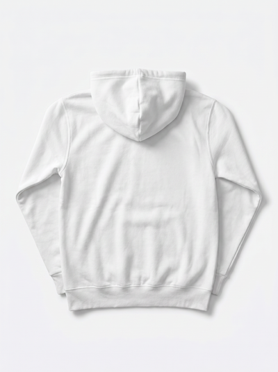 A plain white pullover hoodie shown from the back, laid flat against a light gray background.