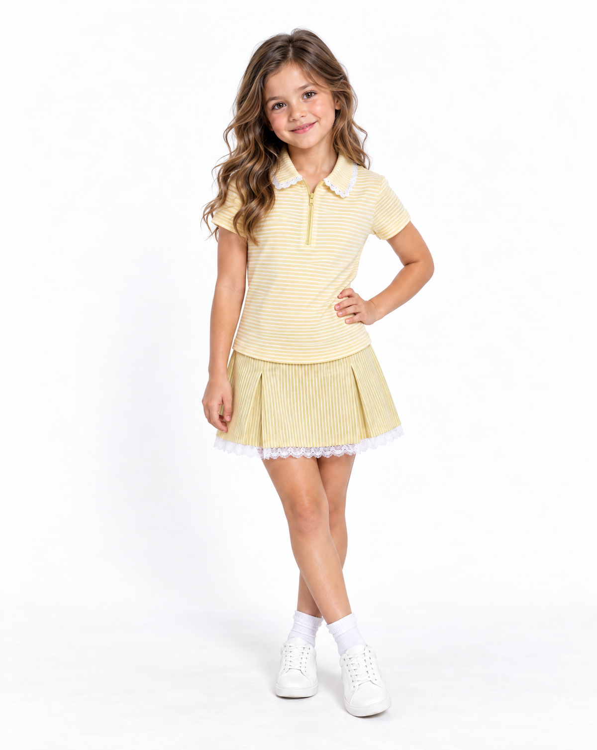 A young girl with long wavy brown hair stands against a white studio background wearing a yellow and white striped short-sleeve polo shirt and matching pleated skirt with a white lace trim, white socks, and white sneakers.