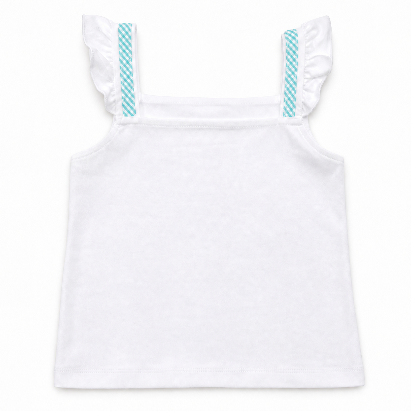 A white sleeveless children's top with ruffled shoulder straps featuring a light blue and white patterned trim, shown flat on a white background.