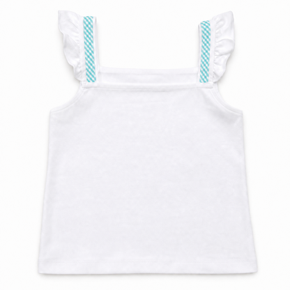 A white sleeveless children's top with ruffled shoulder straps featuring a light blue and white patterned trim, shown flat on a white background.