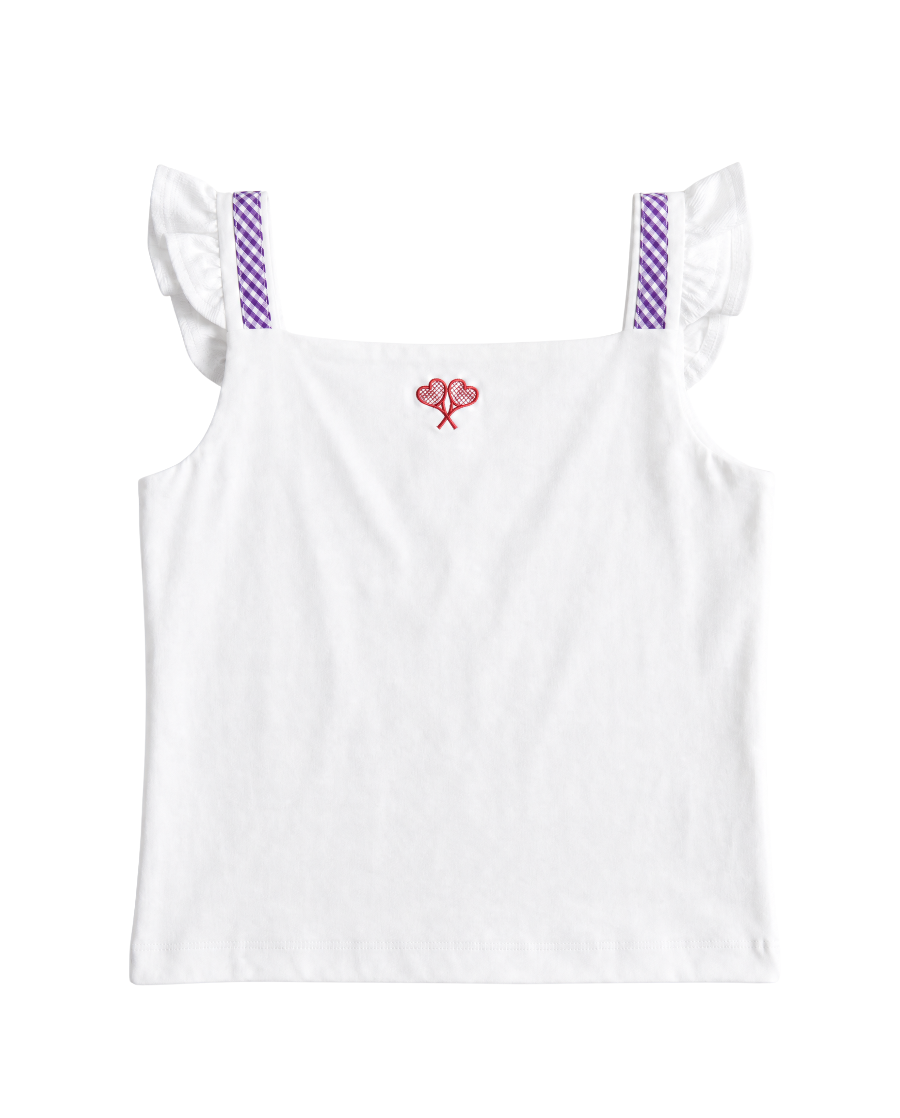 A white sleeveless children's top with ruffled shoulder straps featuring a purple and white gingham pattern, and a small red embroidered heart motif at the center of the chest.