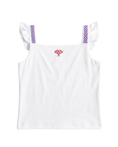 A white sleeveless children's top with ruffled shoulder straps featuring a purple and white gingham pattern, and a small red embroidered heart motif at the center of the chest.
