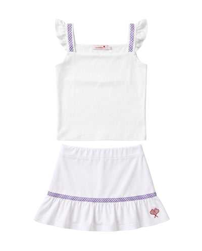 A two-piece girls' outfit set featuring a white sleeveless top with ruffled shoulder straps and a matching white skirt with a ruffled hem, both accented with a purple patterned band.