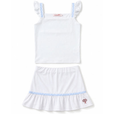 White dress with blue trim on a white background